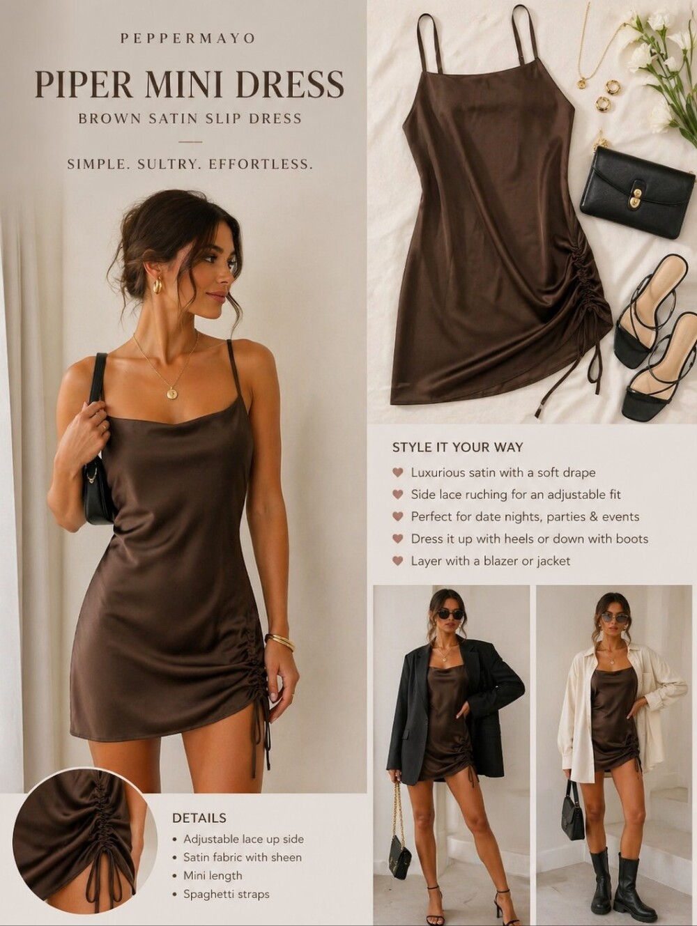 Peppermayo Piper Mini Dress Brown Satin Slip Lace Underlay NWT Size 6